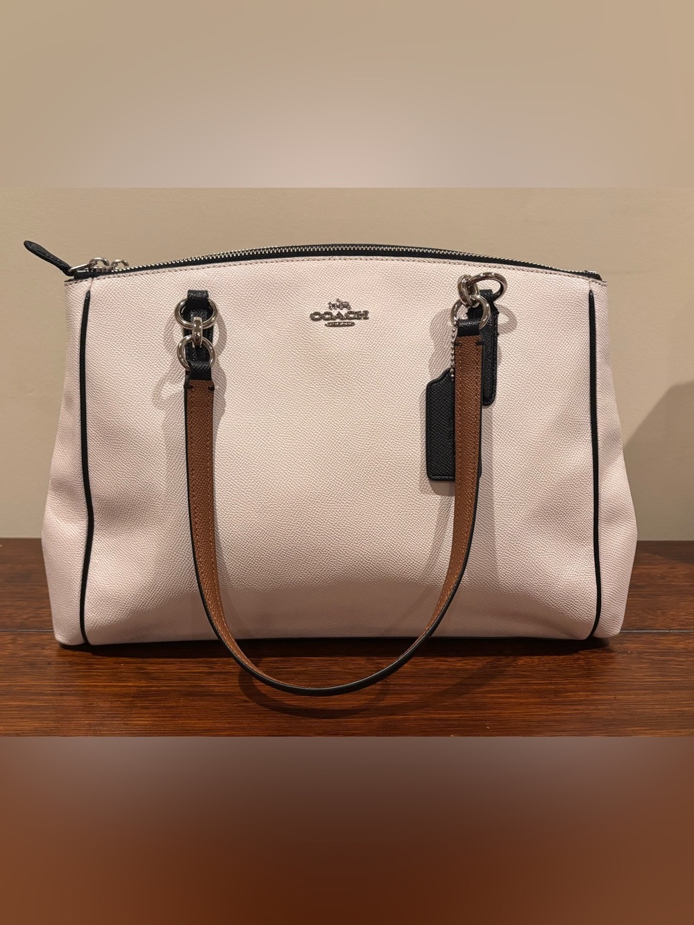 Coach Christie Carryall Large Black and Chalk Pebble Leather Bag